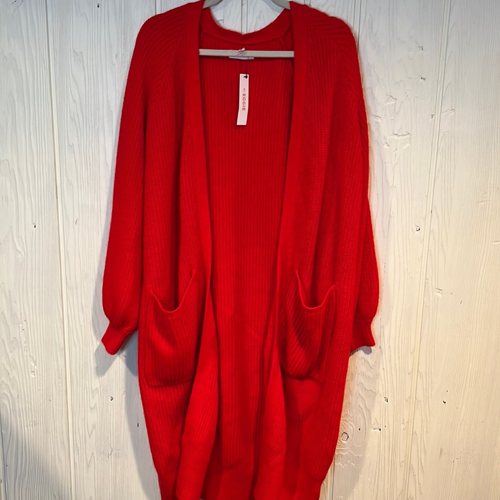 EGGIE Open Long Rib Knit  RED Cardigan With Pockets Size XL New with tags